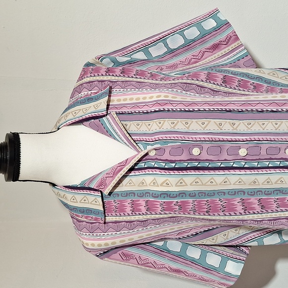 Alluson Dalet Multicolor Striped Full Button-Up Short Sleece Blouse Size 14P - Picture 2 of 16
